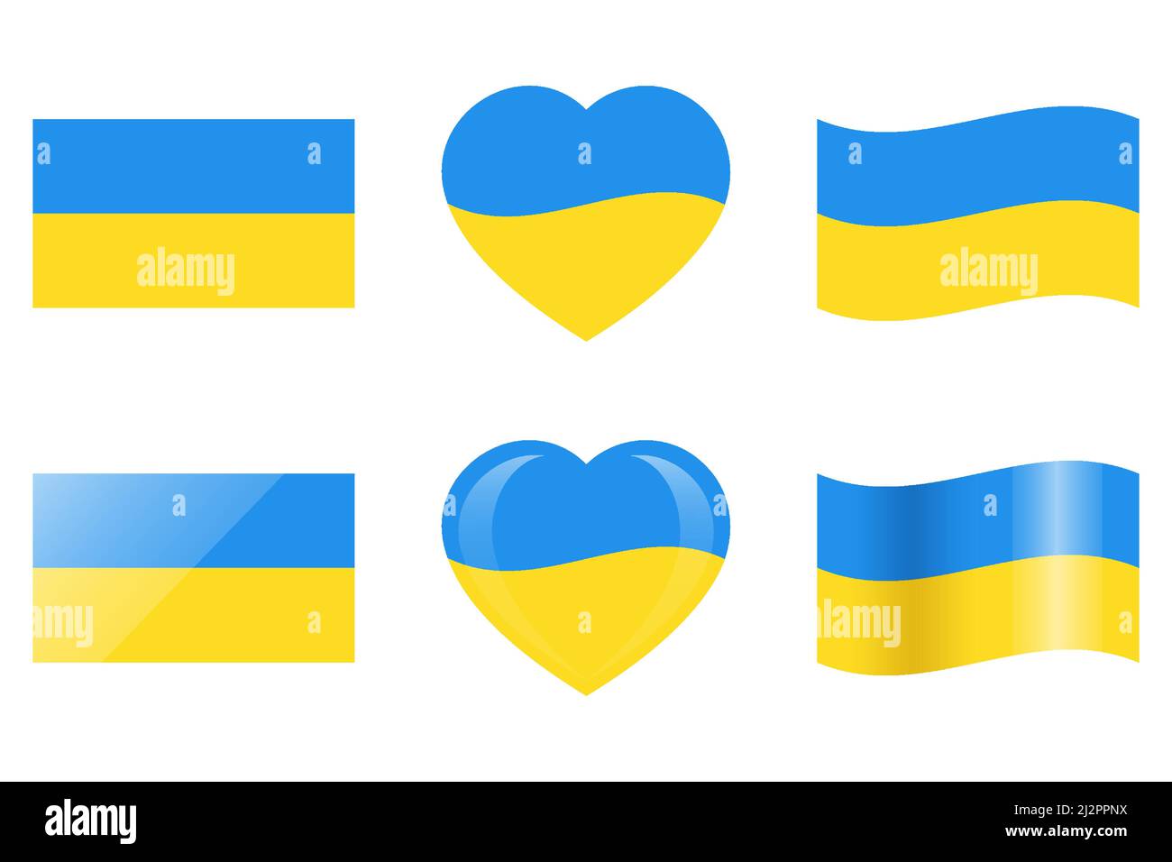 Ukrainisches Flaggensymbol. Nationales Symbol der Ukraine. Quadratisch, herzförmig und winkende Flagge der Ukraine. Blaue und gelbe Abbildung. Vektorsymbole isolieren Stock Vektor