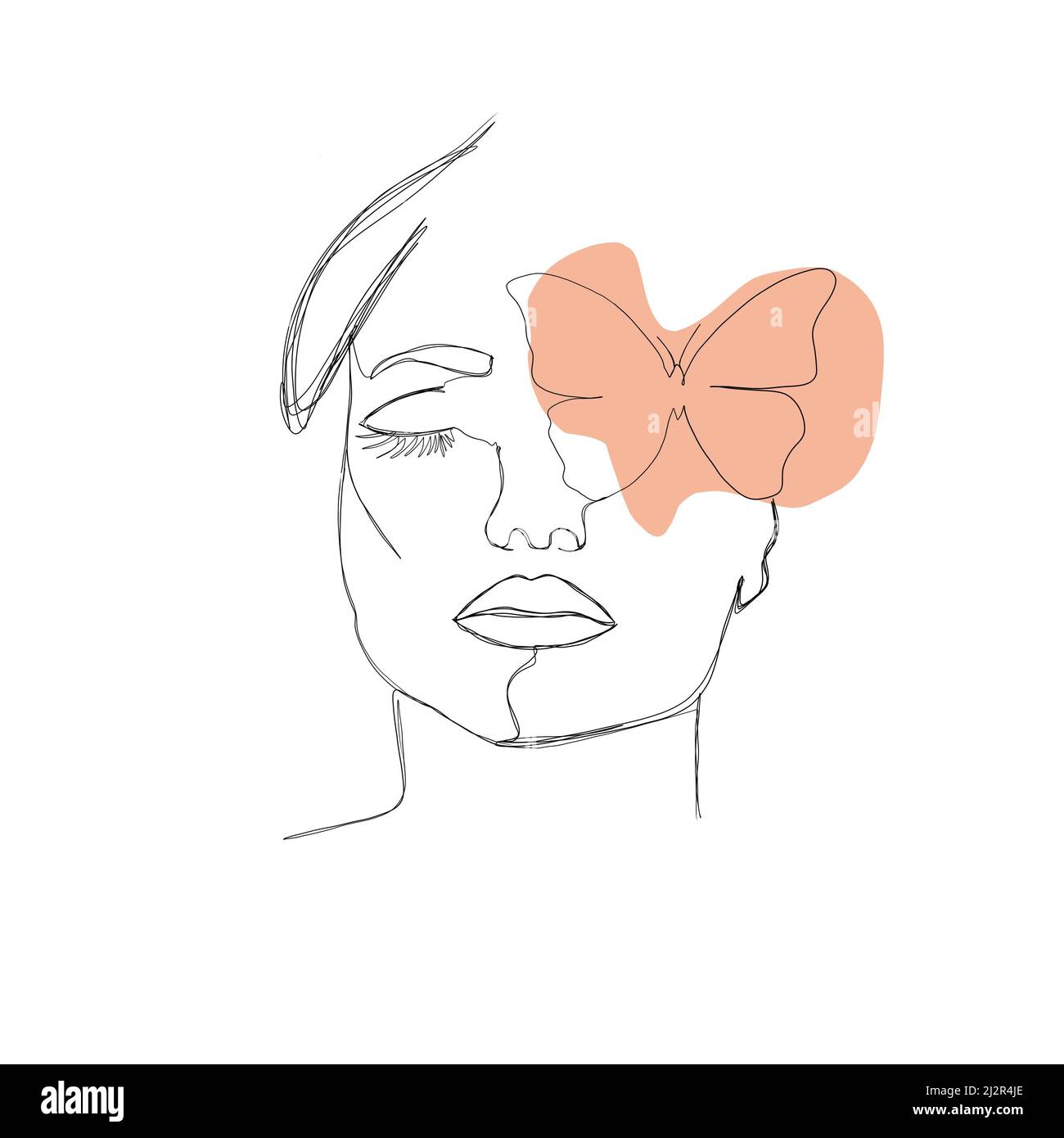 Abstraktes Poster mit minimalem weiblichen Gesicht mit Schmetterling. Zeichnungsstil mit einer Linie Stockfoto