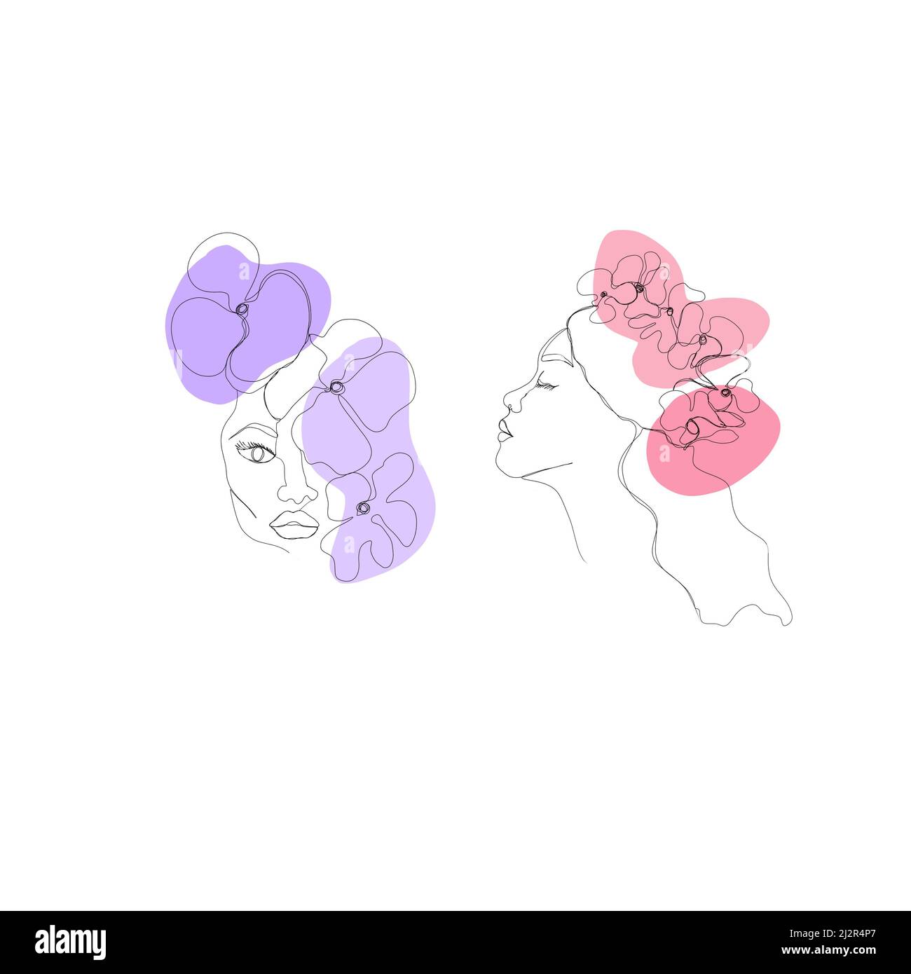 Set Line Art Design: Abstraktes Poster mit minimalem weiblichen Gesicht mit Blumen. Zeichnungsstil mit einer Linie Stockfoto