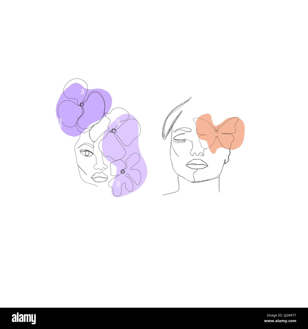 Abstraktes Poster mit minimalem weiblichen Gesicht mit Blumen und einem Schmetterling. Zeichnungsstil mit einer Linie Stockfoto