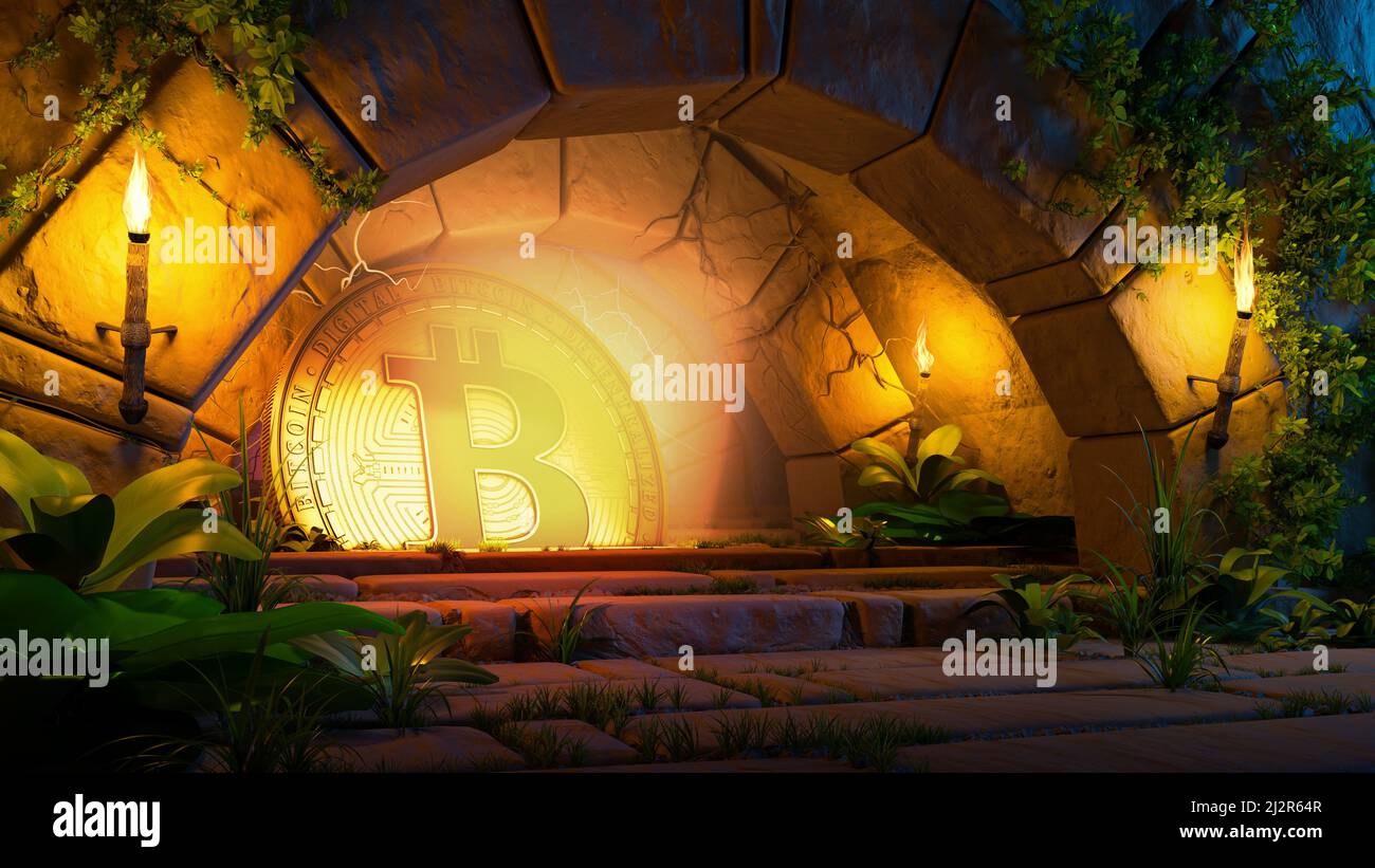 Die Entdeckung von Bitcoin in der tiefen Höhle unter dem geheimnisvollen Steintor. 3D Darstellung rendern. Stockfoto
