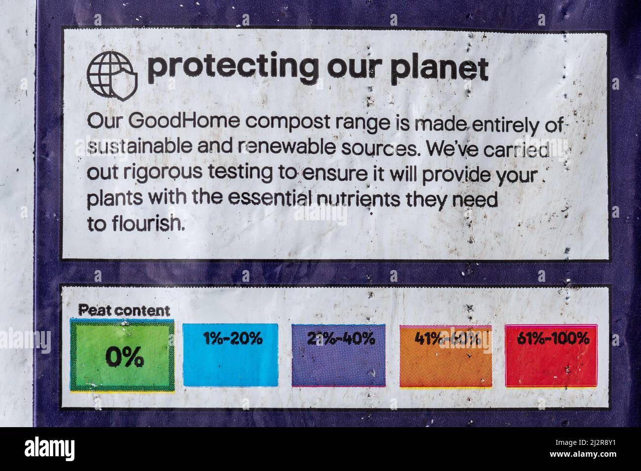 Etikett auf torffreiem Kompost, GoodHome Kompost aus nachhaltigen und erneuerbaren Quellen, Großbritannien Stockfoto