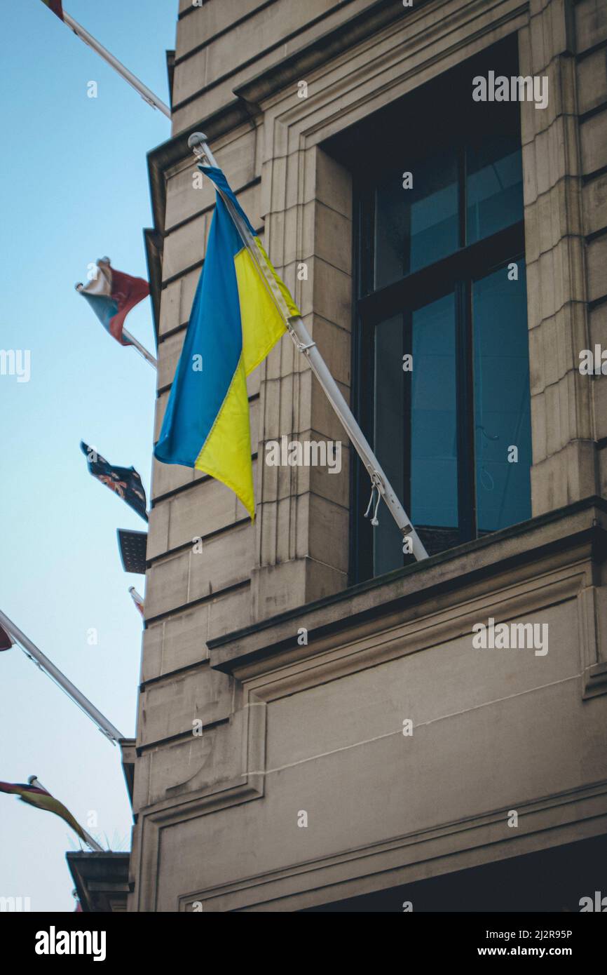 Auf einem ratsgebäude in der Stadt Perth, Schottland, Großbritannien, ist die ukrainische Flagge zu sehen. Stockfoto