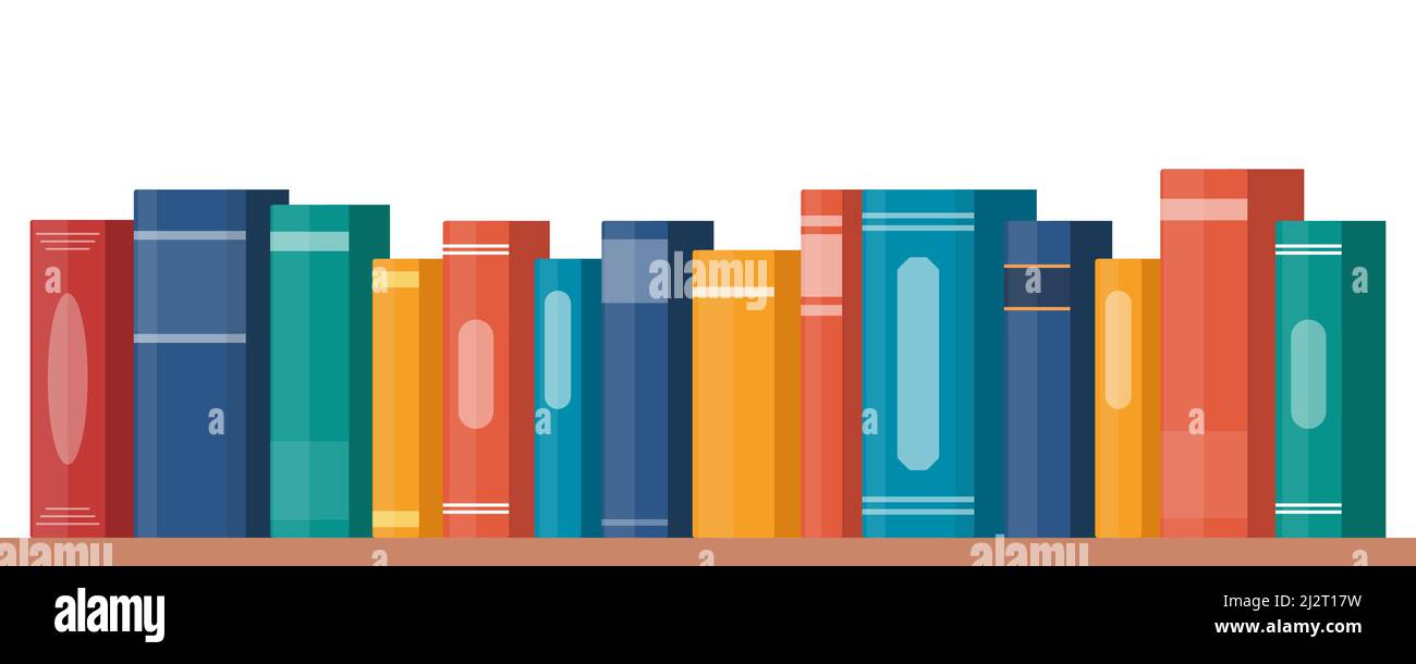 Bücherregal mit bunten Buchdornen. Bücher im Regal. Vektorgrafik im flachen Stil Stock Vektor