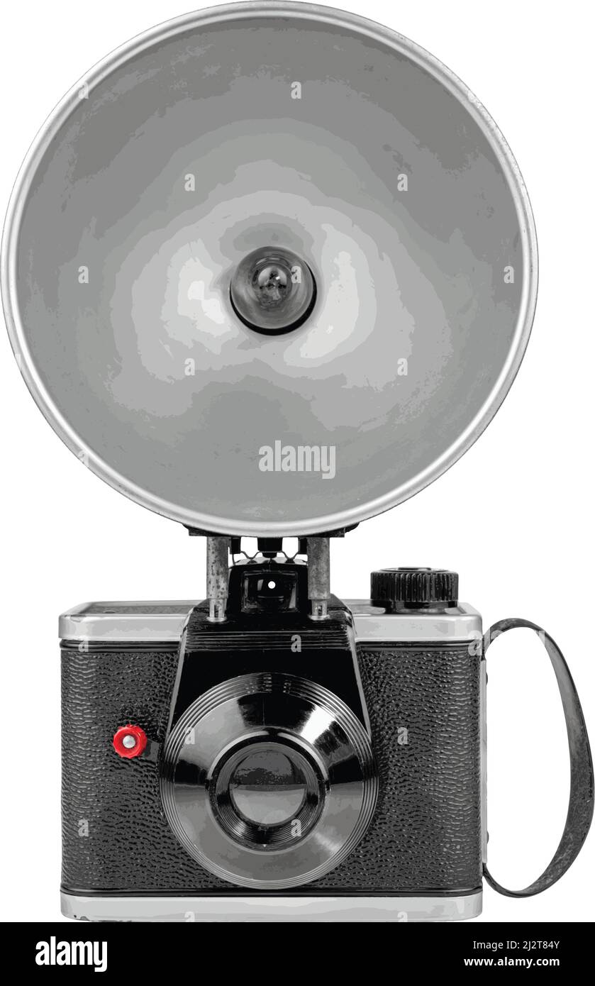 Vintage 70 Jahre alte Mittelformatkamera mit eingebautem Blitzgerät Stock Vektor