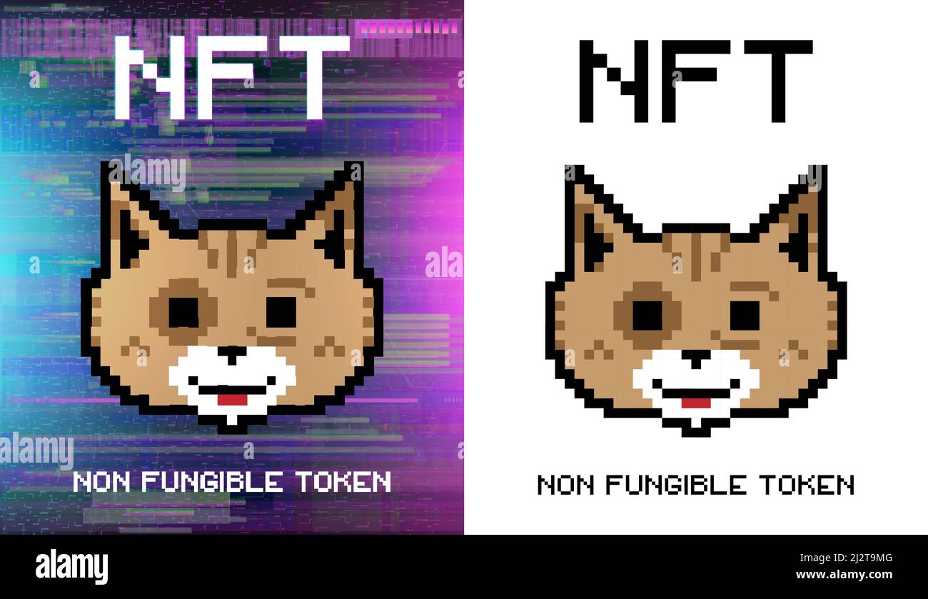 Crypto Art NFT-Token. Nicht fungibler Token. Niedliches Katzengesicht im Pixel-Stil Stock Vektor