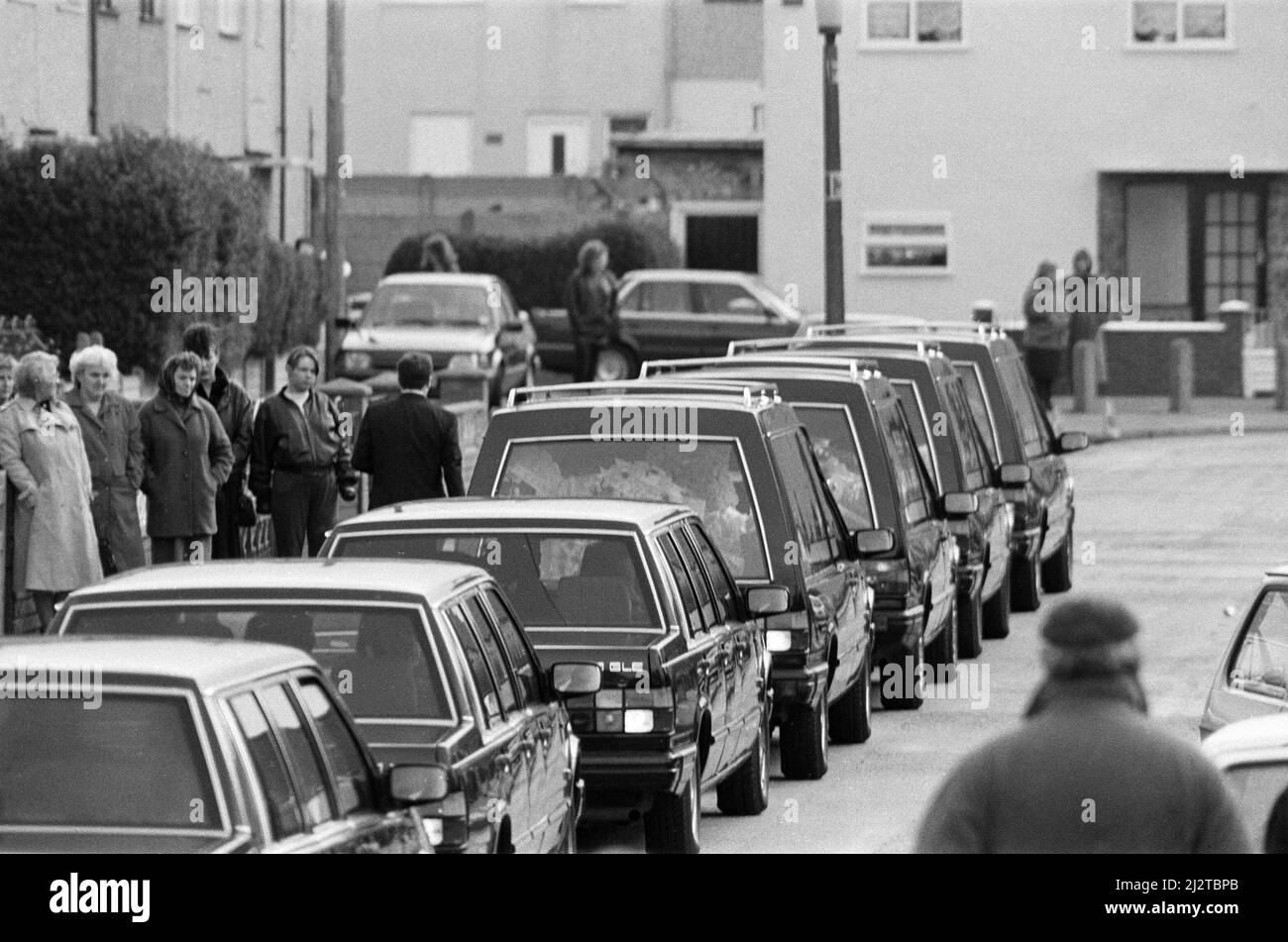Die Beerdigung von James Bulger, Kirkby. 1.. März 1993. Stockfoto