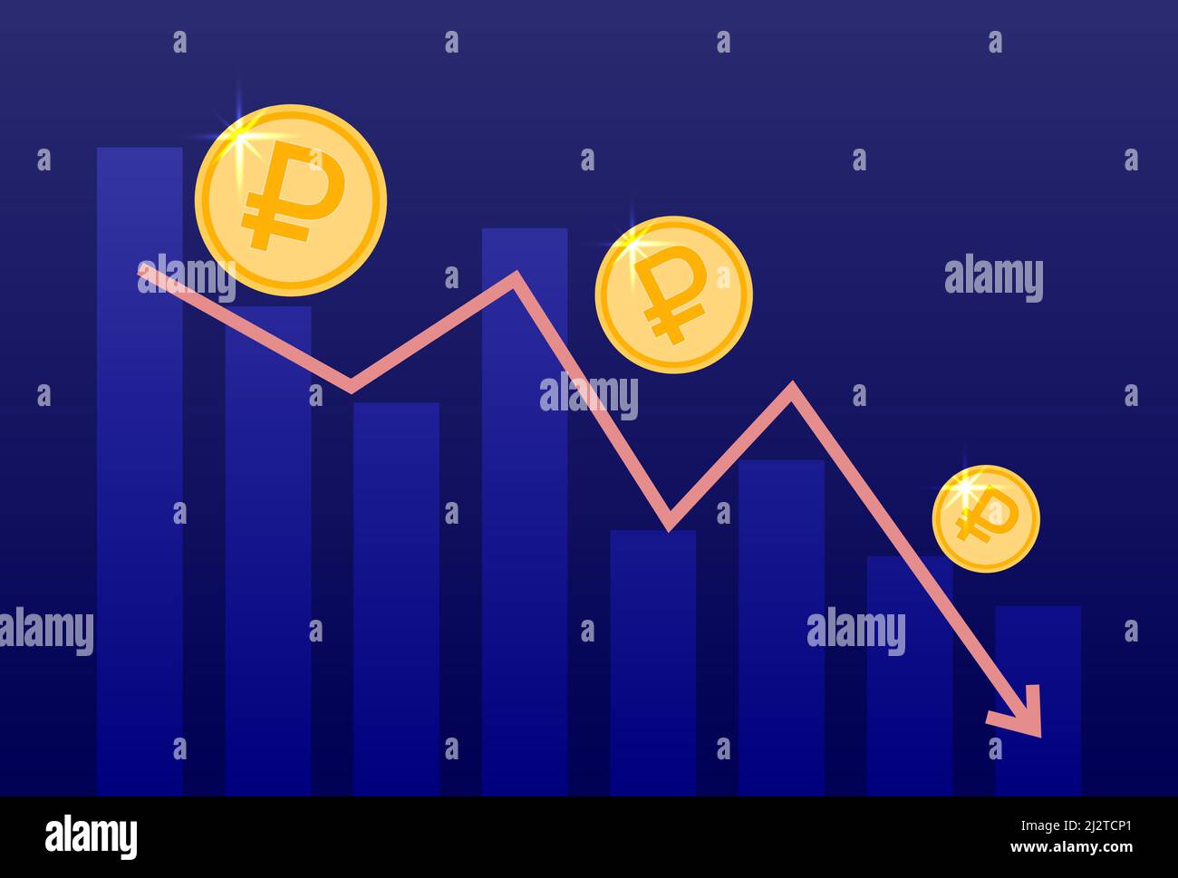 Kursabfall für russische Rubel-Währungen. Rubel-Münzen fallen. Das Ruble-Diagramm nimmt ab. Pfeil nach unten und Diagramm. Absturz der russischen Währung. Vektorgrafik. Stock Vektor