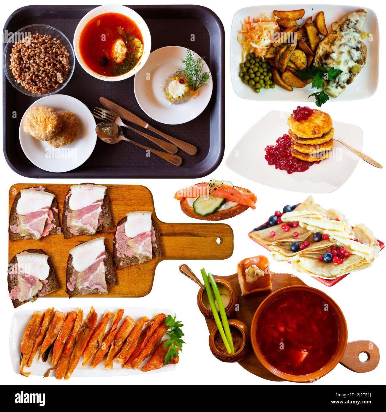 Set von russischen Gerichten isoliert auf weiß Stockfoto