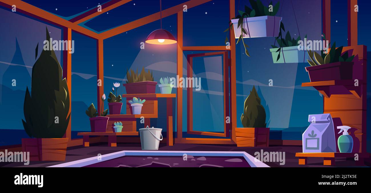 Glasgewächshaus mit Pflanzen, Bäumen und Blumen in der Nacht. Vector Cartoon Innenraum von leeren heißen Haus für den Anbau und den Anbau von Gartenpflanzen in Töpfen Stock Vektor