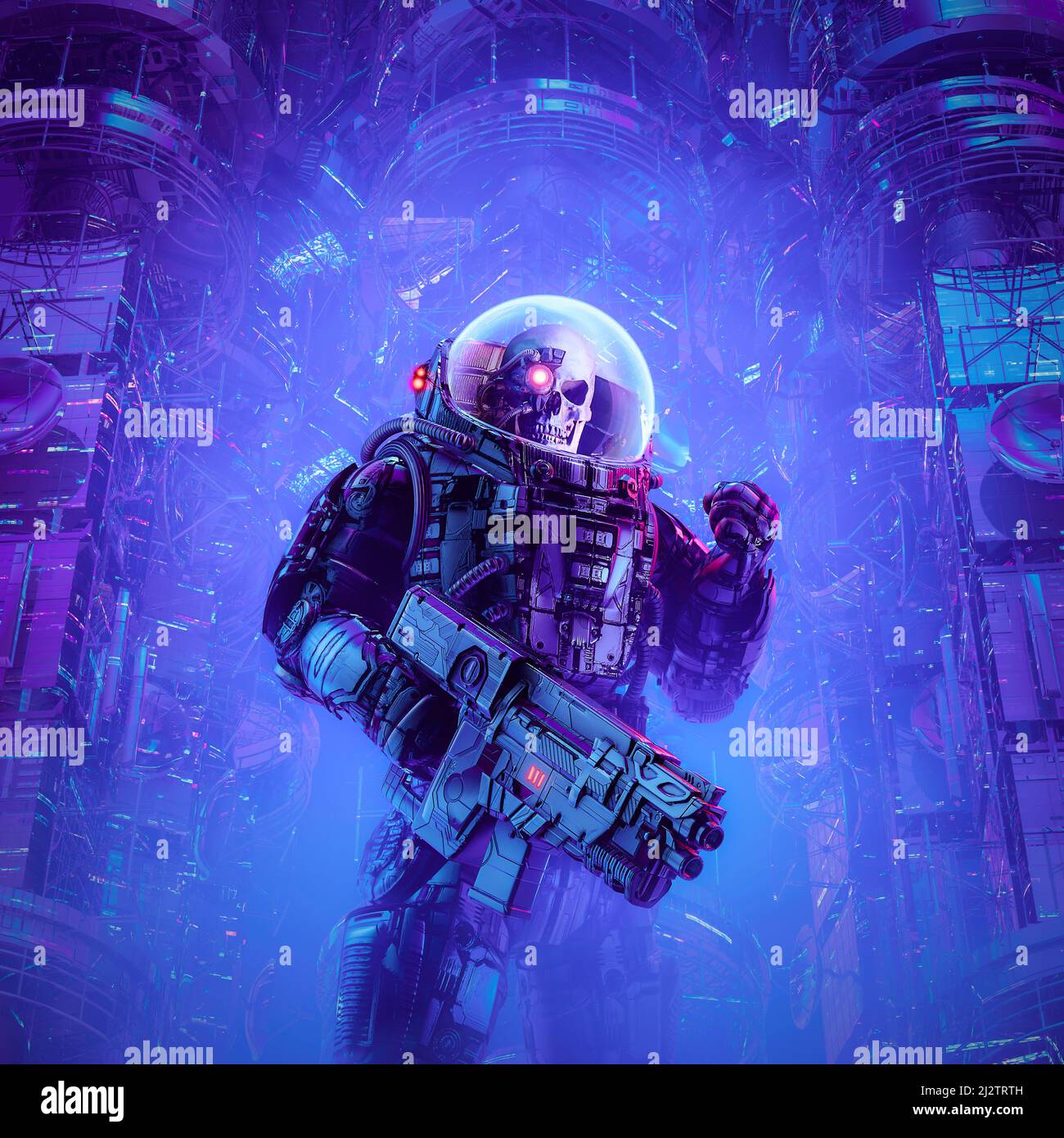 Tod auf Patrouille - 3D Illustration einer Science-Fiction-Szene, die einen bösen Schädel zeigt, dem Astronaut-Weltraumsoldat mit einem Laserpuls-Gewehr gegenübergestellt wurde Stockfoto