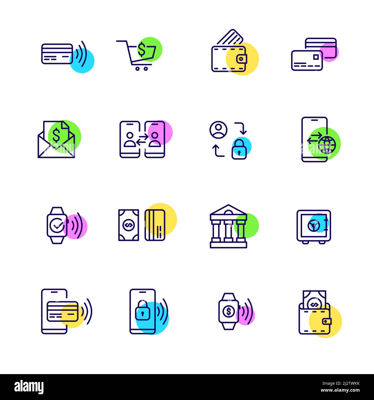 Satz von Finanz- und Vermögenssymbolen. Mobile Banking, kontaktloses Bezahlen, Einsparungen und sichere Geldtransfers. Pixelgenaue, bearbeitbare Kontur Stock Vektor