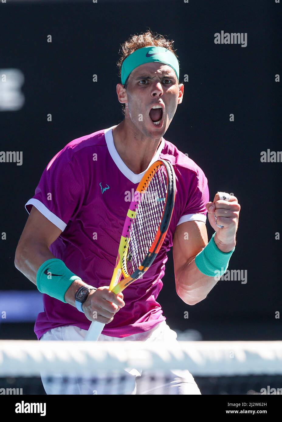 Der spanische Tennisspieler Rafael Nadal feiert während des Australian Open 2022 Tennisturniers, Melbourne Park, Melbourne, Victoria, Australien Stockfoto