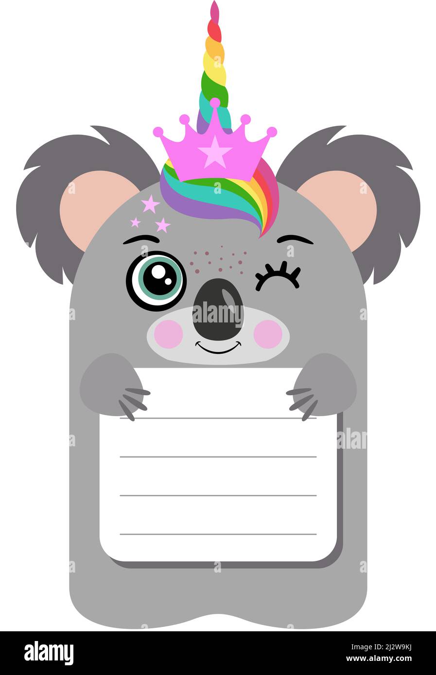 Notizbuch und Schuletikett von niedlichem Koala Einhorn Aufkleber Stockfoto