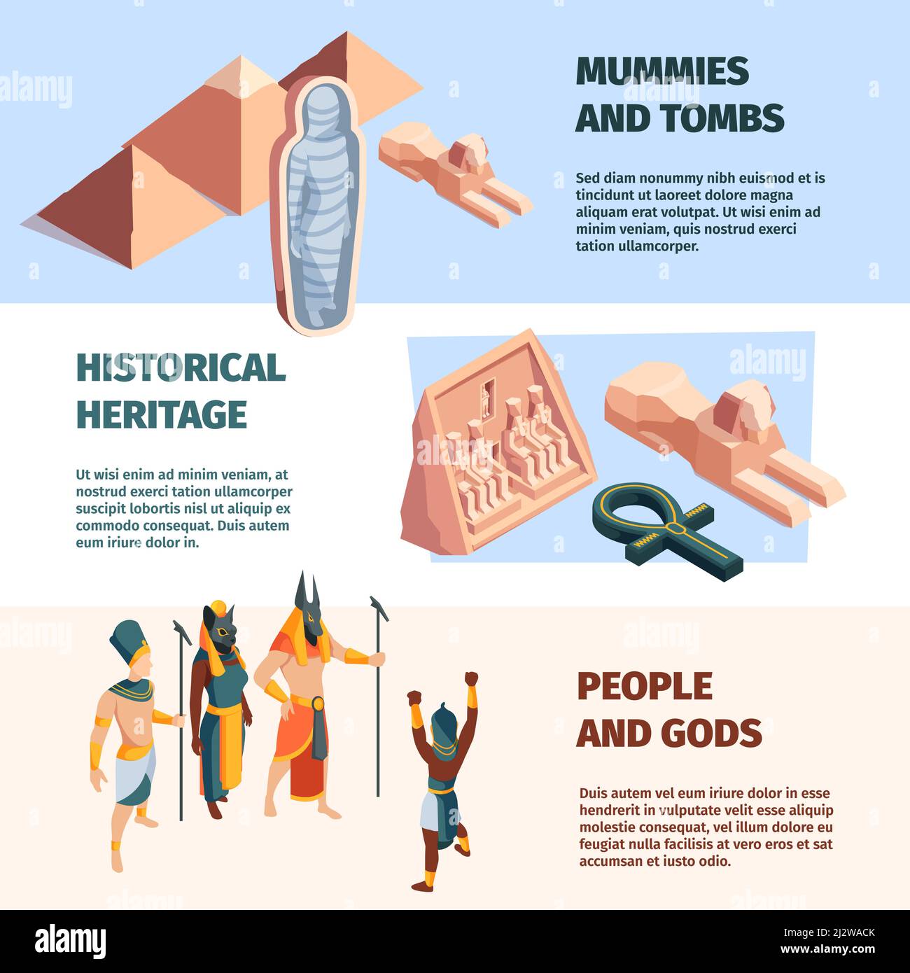 Uralte Banner. Reisekonzeptbild mit historischen ägyptischen Figuren und architektonischen Objekten Pyramide Pharaonen Götter grellen Vektor-Vorlagen Stock Vektor
