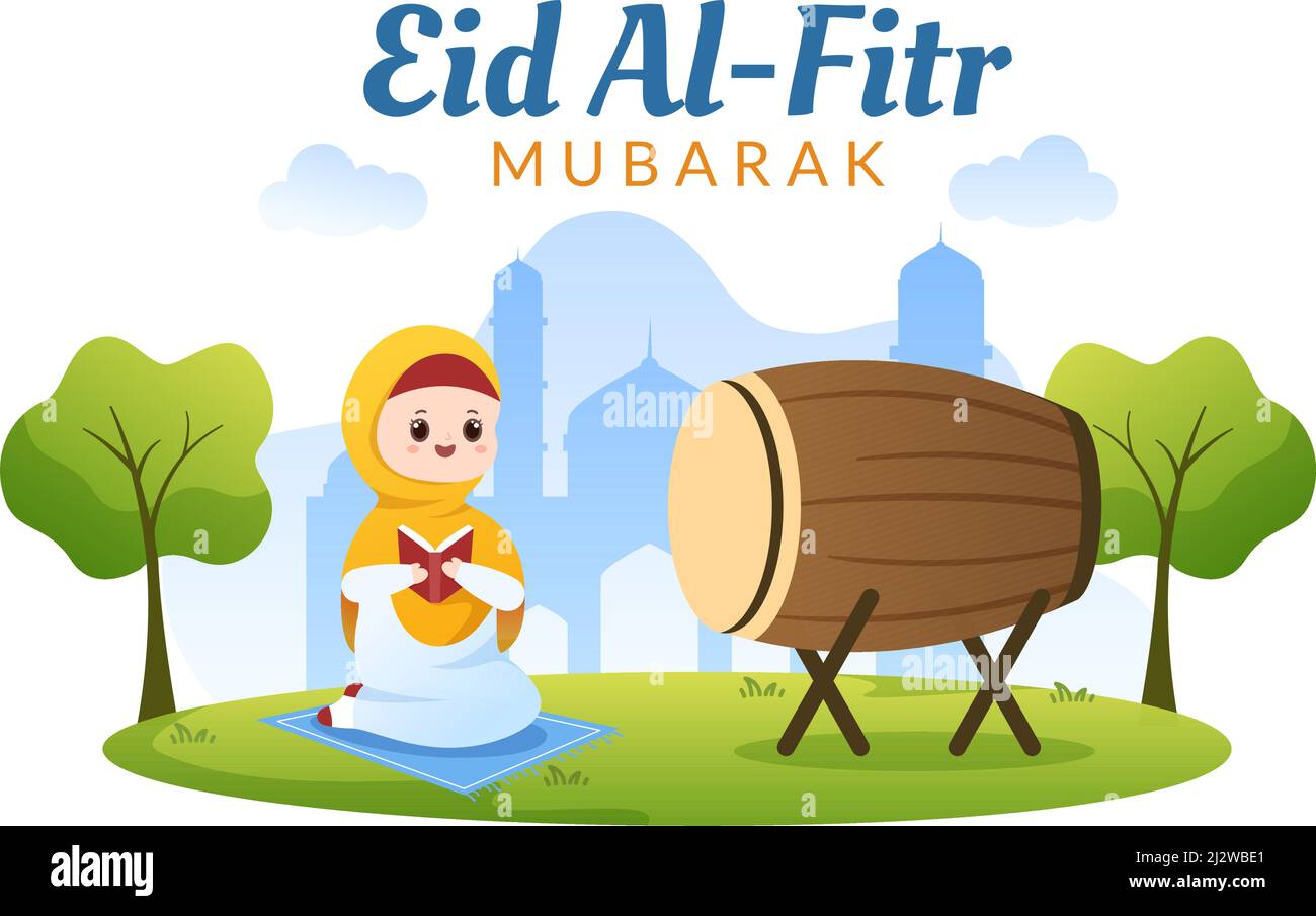 Happy Eid ul-Fitr Mubarak Illustration. Cute Cartoon von Kindern spielen Bedug oder Trommel in Flat Style Hintergrund zu feiern Stock Vektor