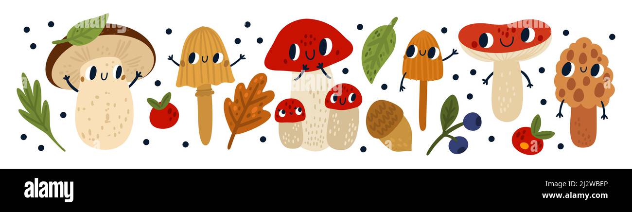 Niedliche Pilzfiguren. Lustige anthropomorphe Pilze. Cartoon essbare und giftige Waldorganismen mit Gesichtern und Händen. Herbstblätter und Beeren Stock Vektor