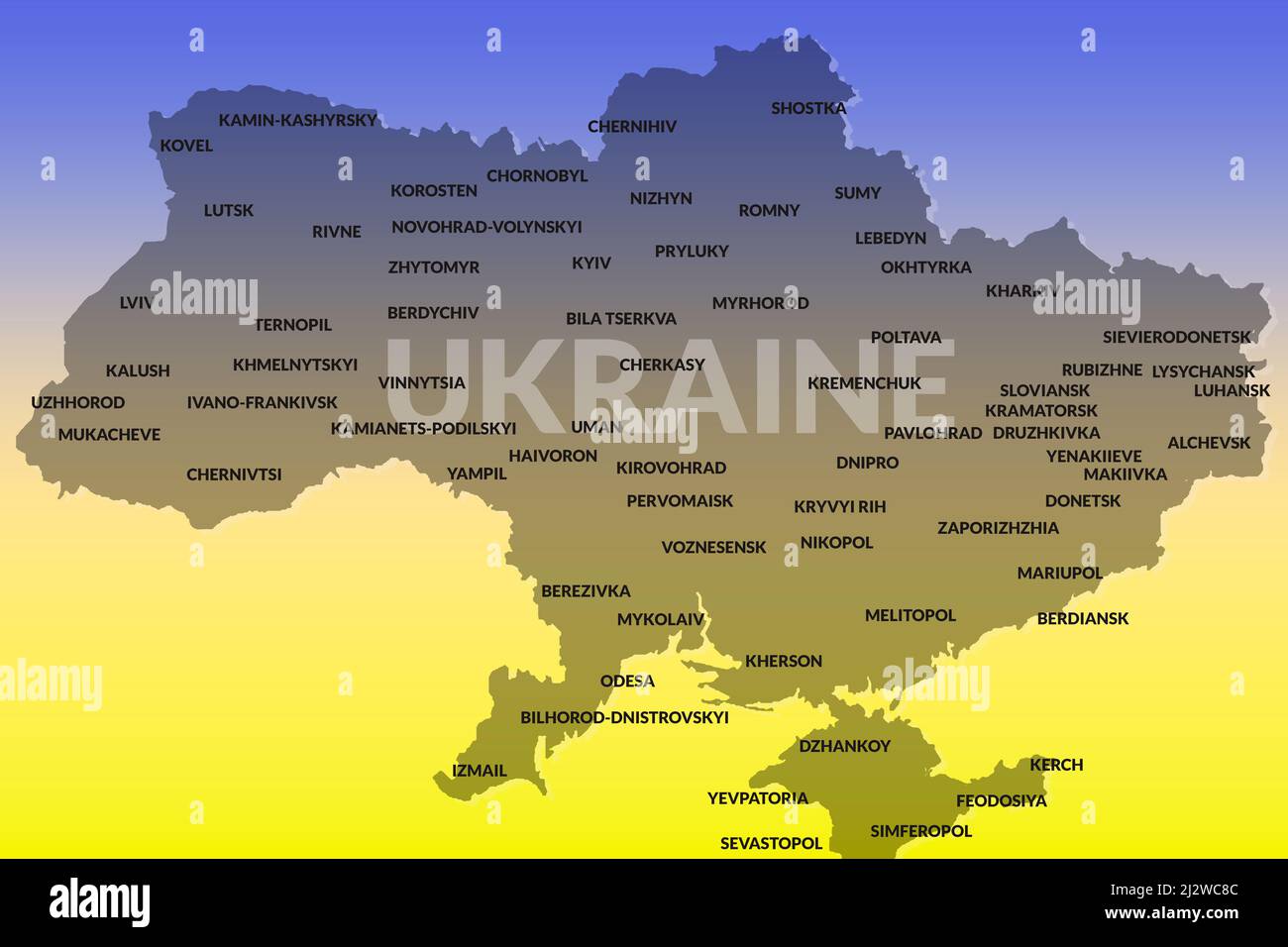 Die Karte der Ukraine in grauer Farbe mit Namen der Städte auf blauem und gelbem Hintergrund Stockfoto