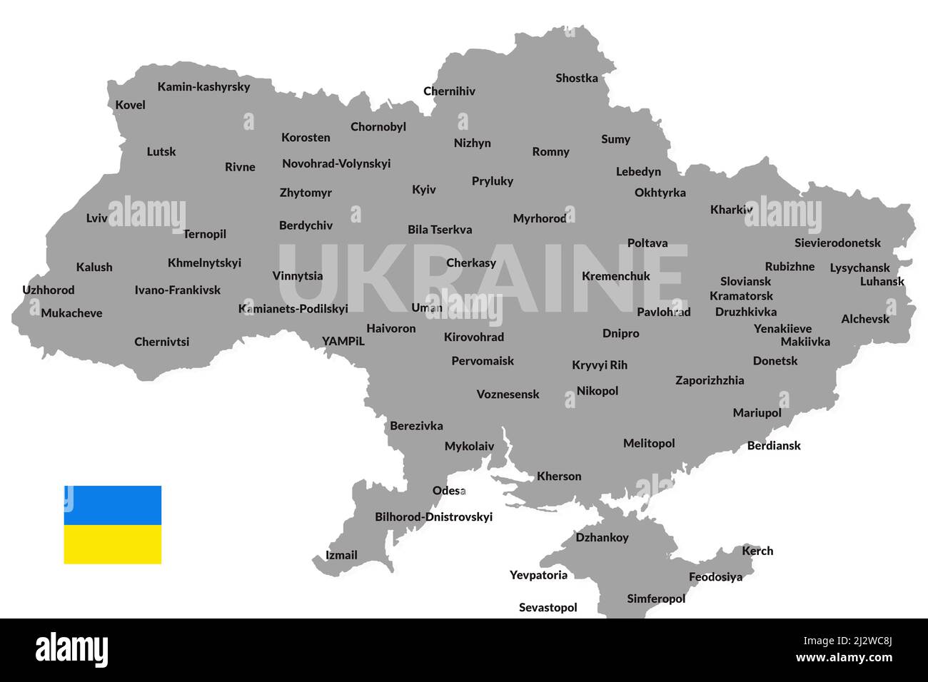 Die Karte der Ukraine in grauer Farbe mit Namen der Städte auf weißem Hintergrund. Stockfoto