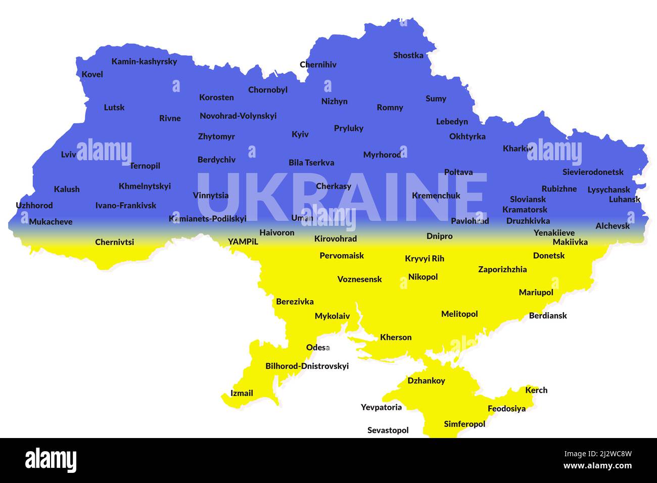 Die Karte der Ukraine in Nationalfarben mit Namen der Städte vor weißem Hintergrund, Stockfoto