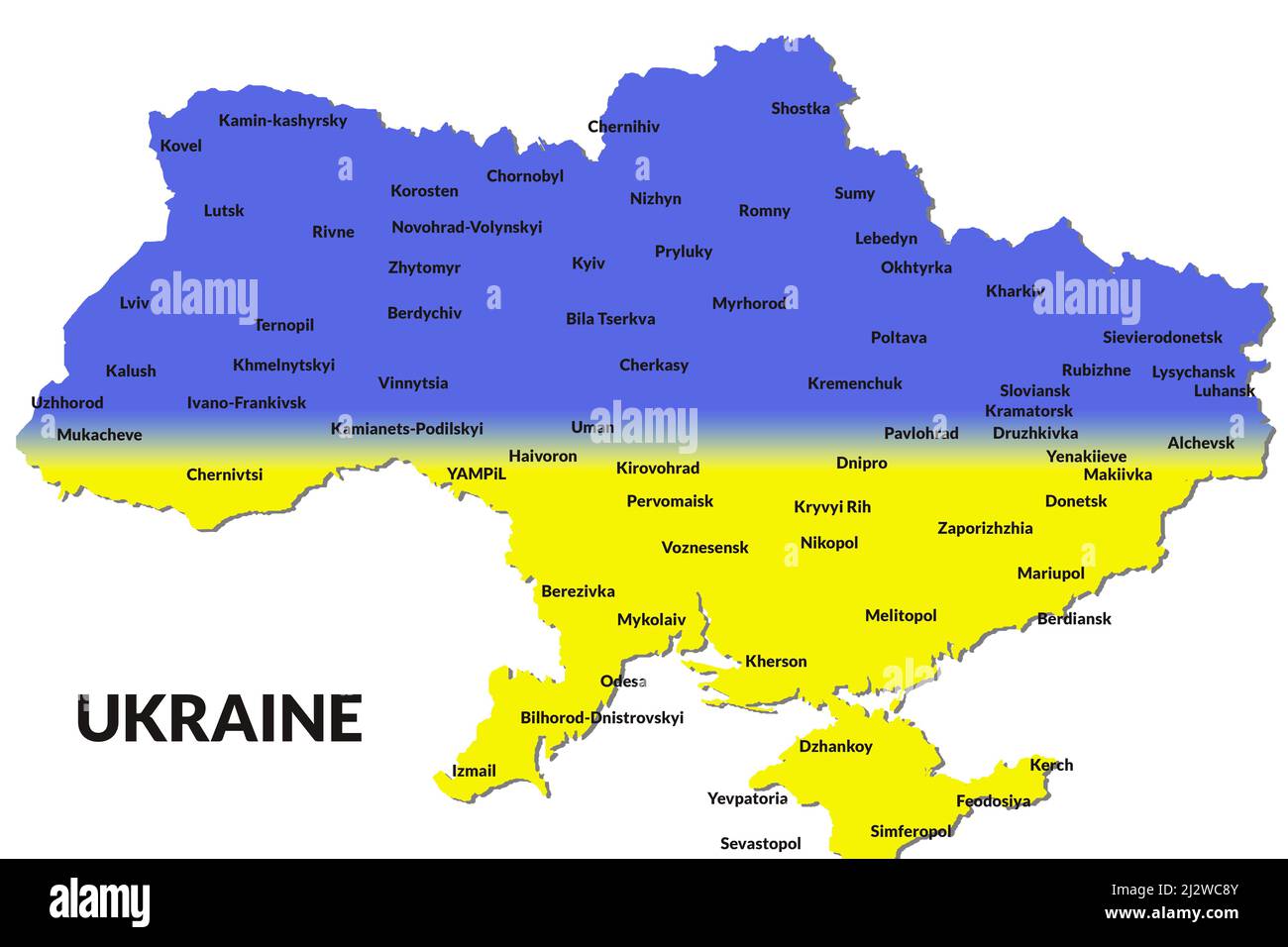 Die Karte der Ukraine in den Nationalfarben Blau und Gelb mit Namen der Städte auf weißem Hintergrund Stockfoto