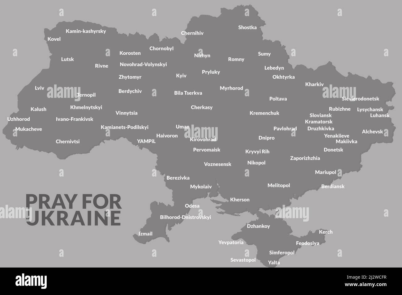 Slogan PRAY FOR UKRAINE und die Karte der Ukraine mit den Namen der Städte auf den grauen Farben Stockfoto