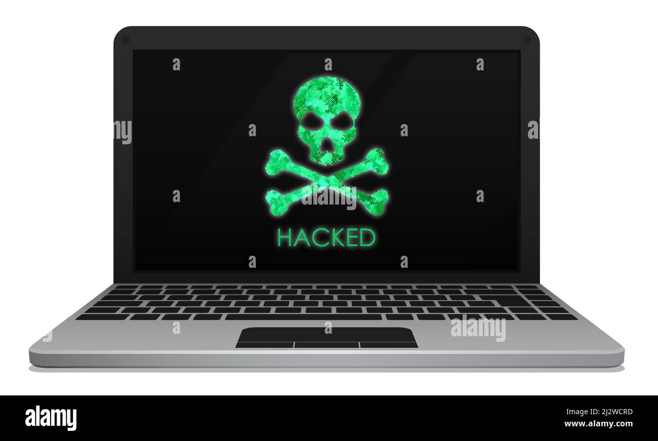 Silberner Laptop, gehackt von Hackern, mit Schädel und Kreuzknochen auf dem Bildschirm. Computersicherheit, Zuverlässigkeit der Datenspeicherung im Netzwerk. Installation von Sicherheitsgurten Stock Vektor