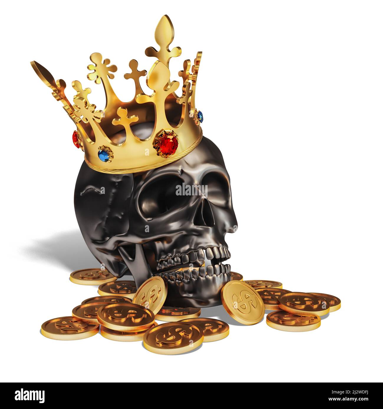 Menschlicher Schädel mit goldener Krone und Goldmünzen auf weißem Hintergrund. 3D Abbildung. Stockfoto