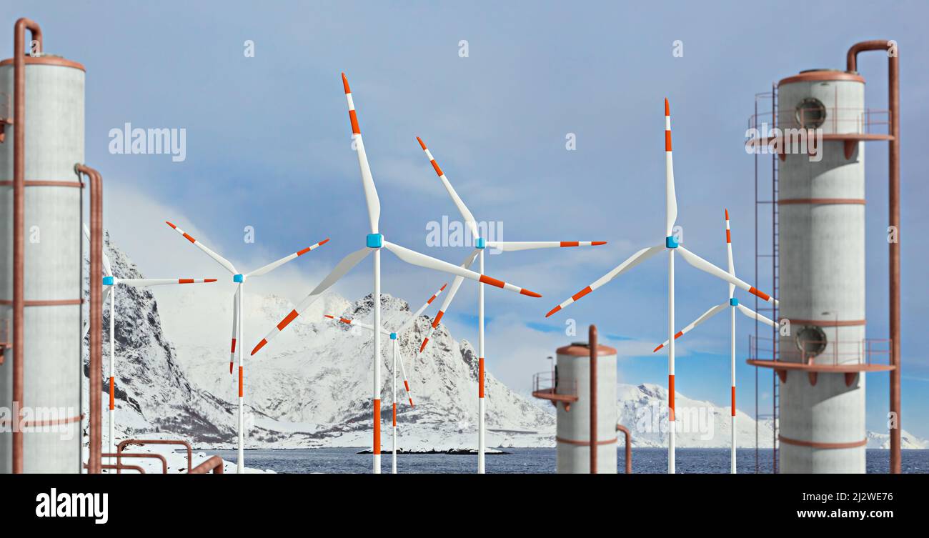 Symbolisches Bild für neue Technologie im Vergleich zu alter Technologie. Eine moderne Windkraftanlage mit Batteriespeicher in der wilden Natur, 3D Abbildung Stockfoto