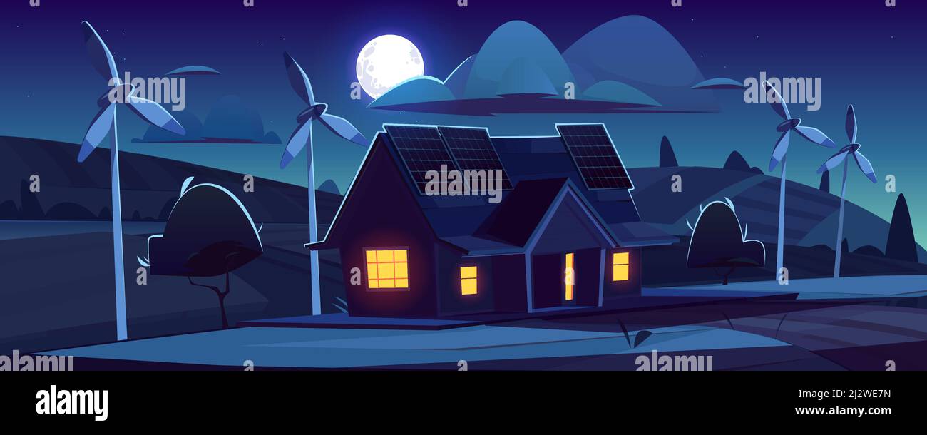 Haus mit Sonnenkollektoren auf dem Dach und Windturbinen in der Nacht. Umweltfreundliche Stromerzeugung, grünes Energiekonzept. Vektor Cartoon Landschaft mit modernen Stock Vektor