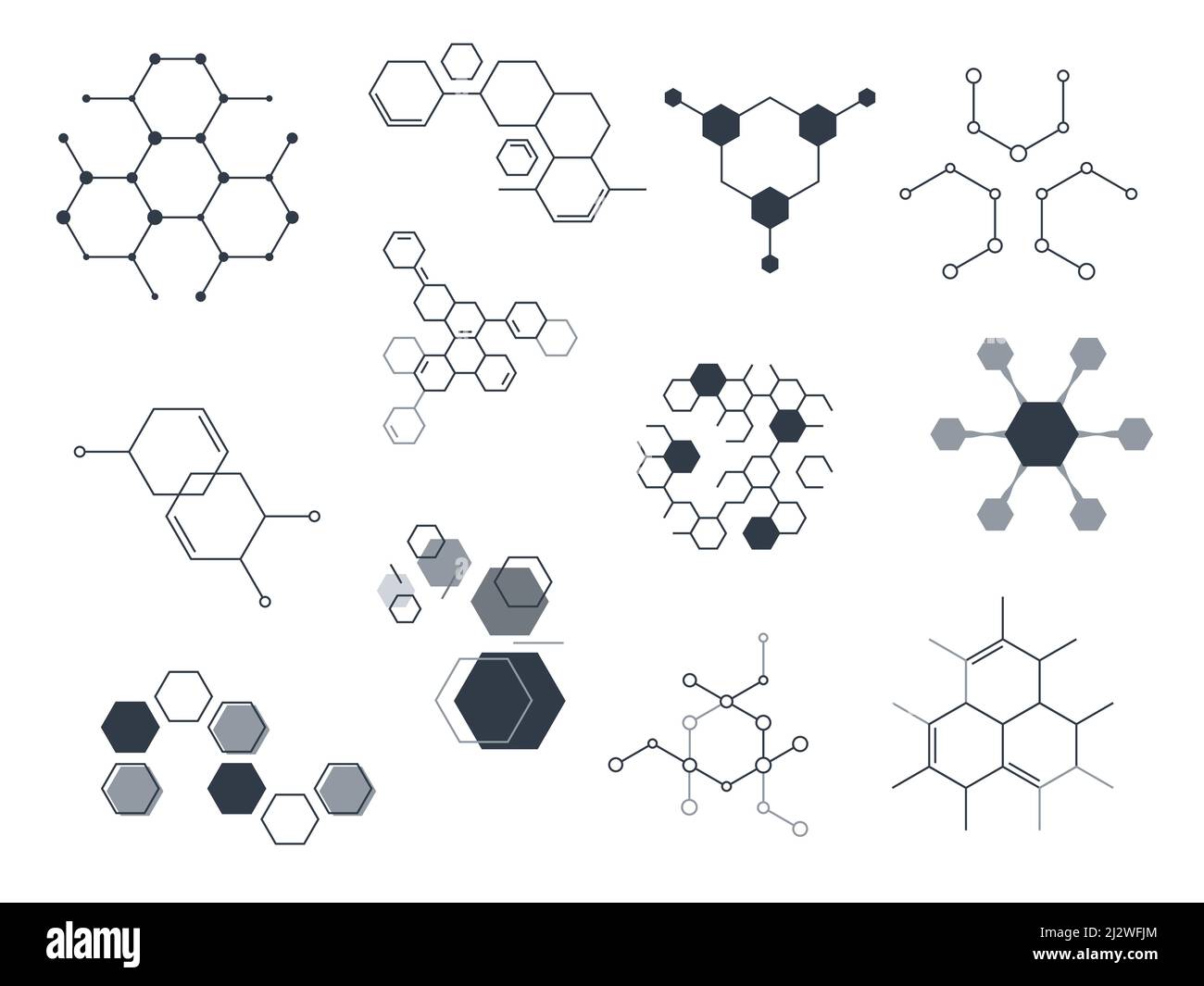 Sechseckige Strukturen. Chemische molekulare Symbole. Zeichen der Wissenschaftstechnologie. Komplexe Konstruktionen. Abstrakte geometrische Formen Verbindung. Molekül Stock Vektor