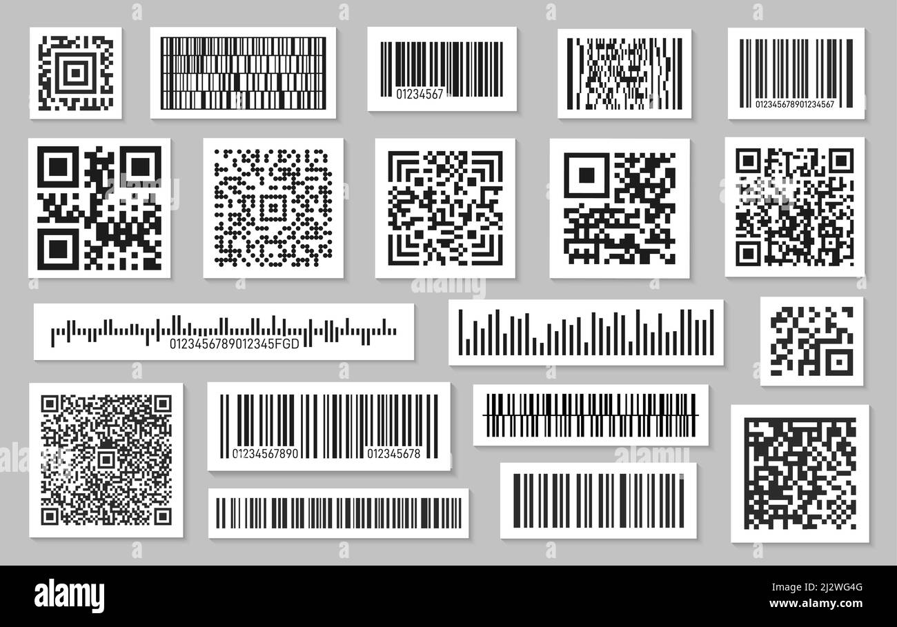 Schwarze Barcodes. Barcode-Kennzeichnung, qr-Code für Produkt. Aufkleber zum Scannen, persönliche Identitätsschilder zur Impfung. Verschiedene Codes exakter Vektor Stock Vektor