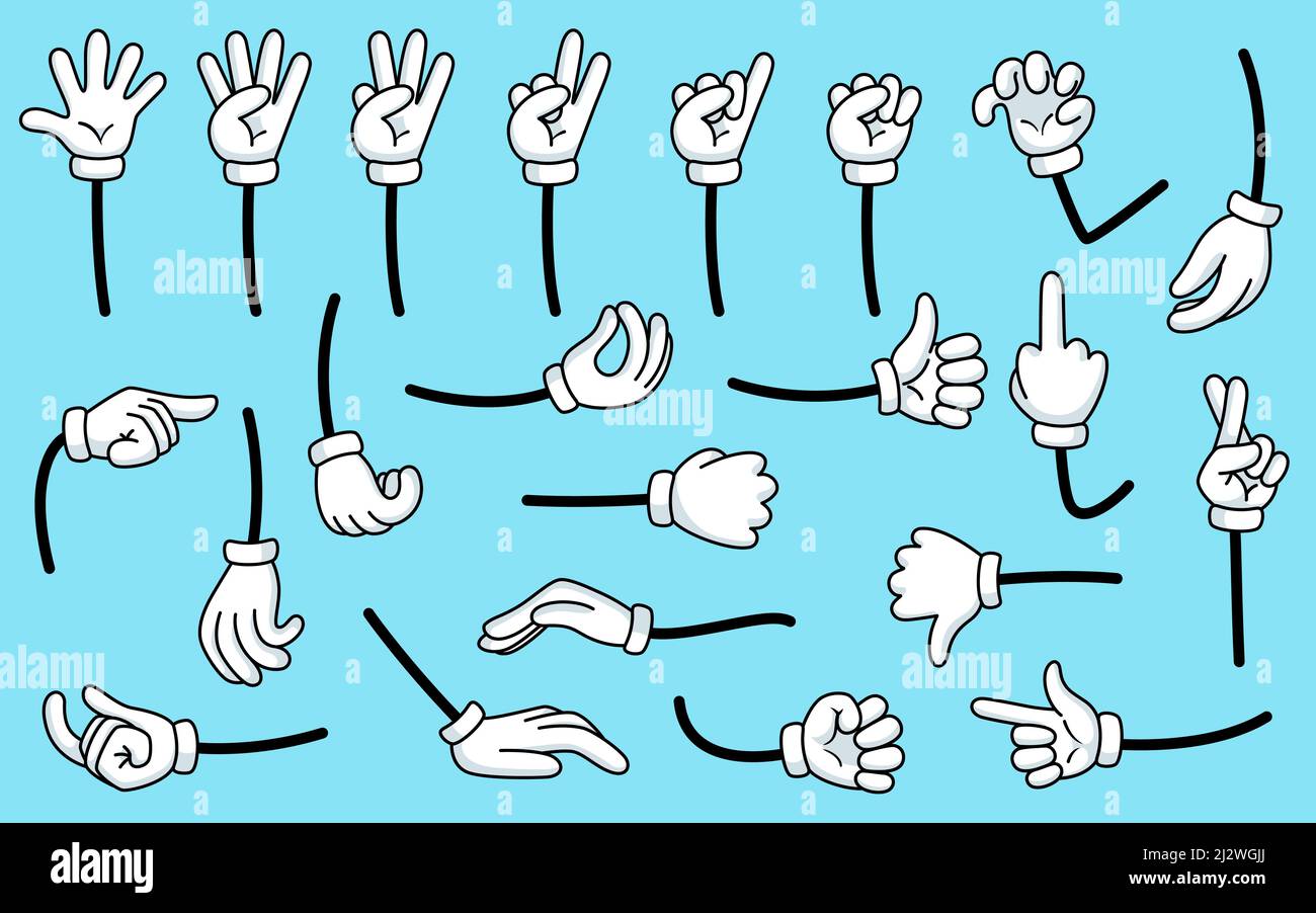 Cartoon Zählhand. Zählen Sie Comic-Hände in weißen Handschuhen und Countdown-Finger. Lustige grelle Arm zeigt Zahlen und verschiedene Gesten Vektor-Set Stock Vektor