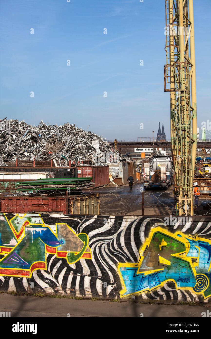 Schrottplatz mit altem Metall im Stadtteil Deutz, im Hintergrund der Dom, Wand mit Graffiti, Köln, Deutschland. Schrottplatz mit Altmetall im Stockfoto