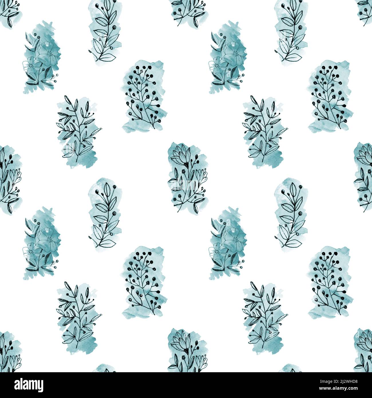 Nahtlose Hand Illustration Schwarz umrandet Blumen mit monochromen Aquarell waschen Stockfoto