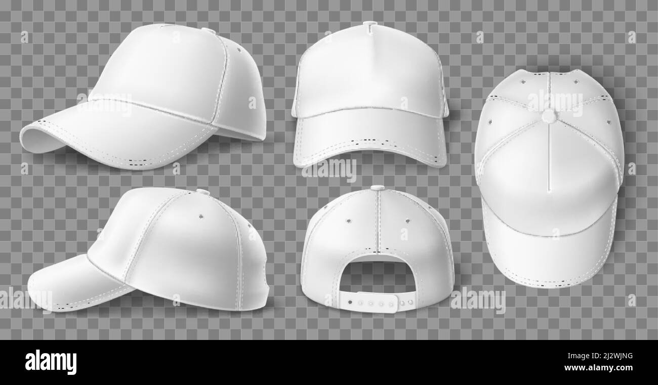 Realistische weiße Baseballmütze Mockup. 3D Sport-Kopfbedeckung mit Sonnenschutzblende. Leeres Kleidungselement. Unterschiedliche Blickwinkel. Leerer Kopfschmuck Stock Vektor