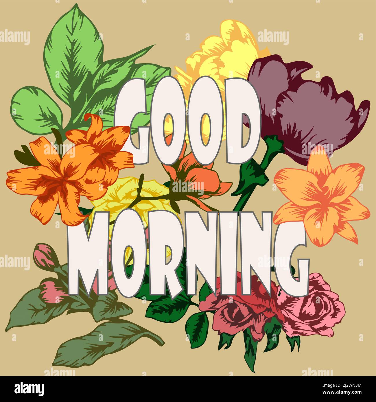 Grußkarte Guten Morgen mit Typografie-Kunst und blühenden Gartenblumen Stock Vektor