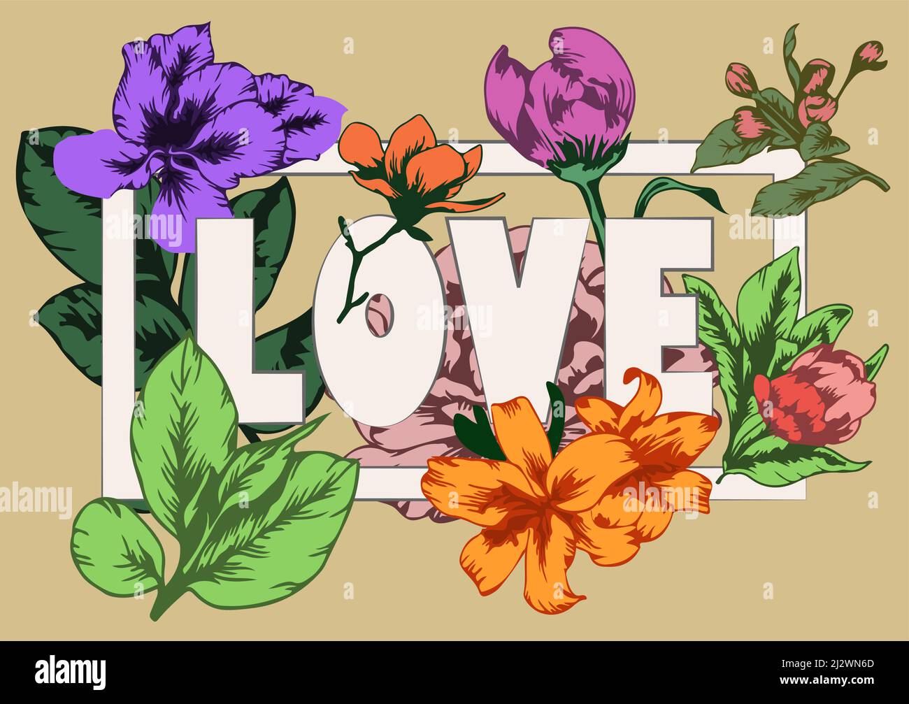 Grußkarte mit Liebe Typografie Kunst und blühenden Gartenblumen Stock Vektor