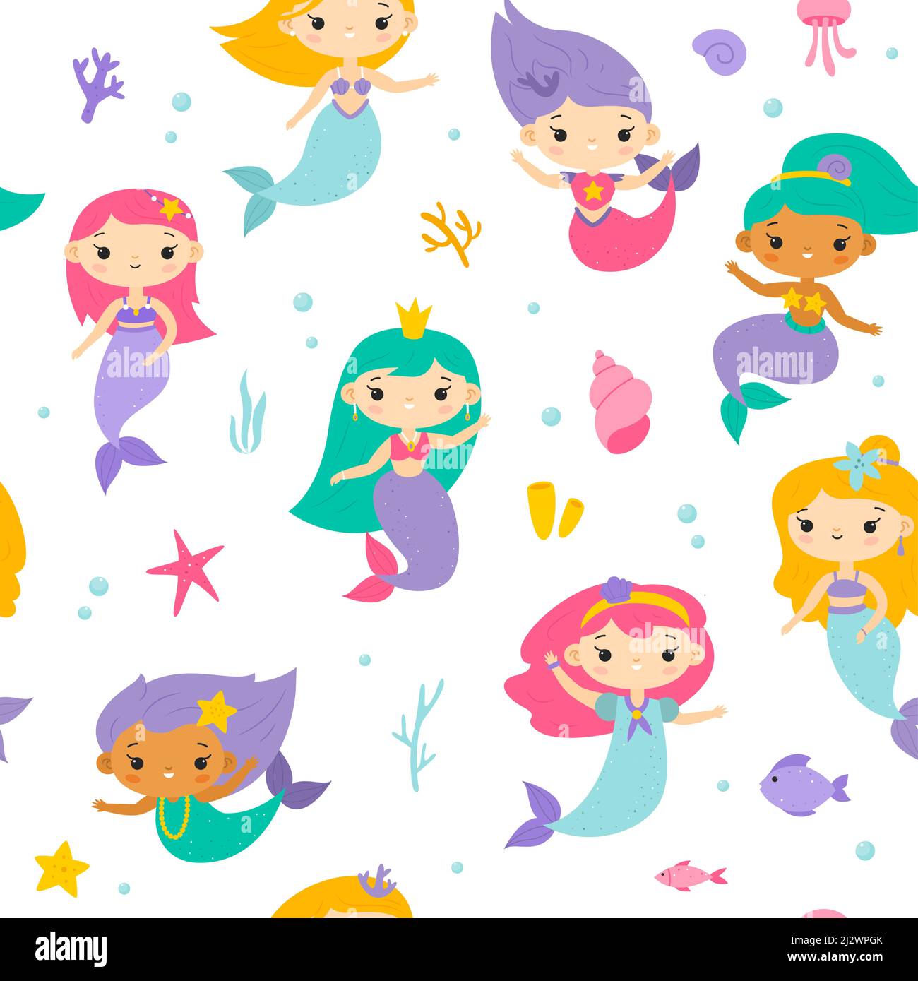 Niedliches Nahtloses Meerjungfrauen-Muster. Lustige kleine Unterwasser-Prinzessinnen mit Fischschwänzen, Cartoon-Algen, Muscheln. Feenwesen isoliert auf Weiß Stock Vektor