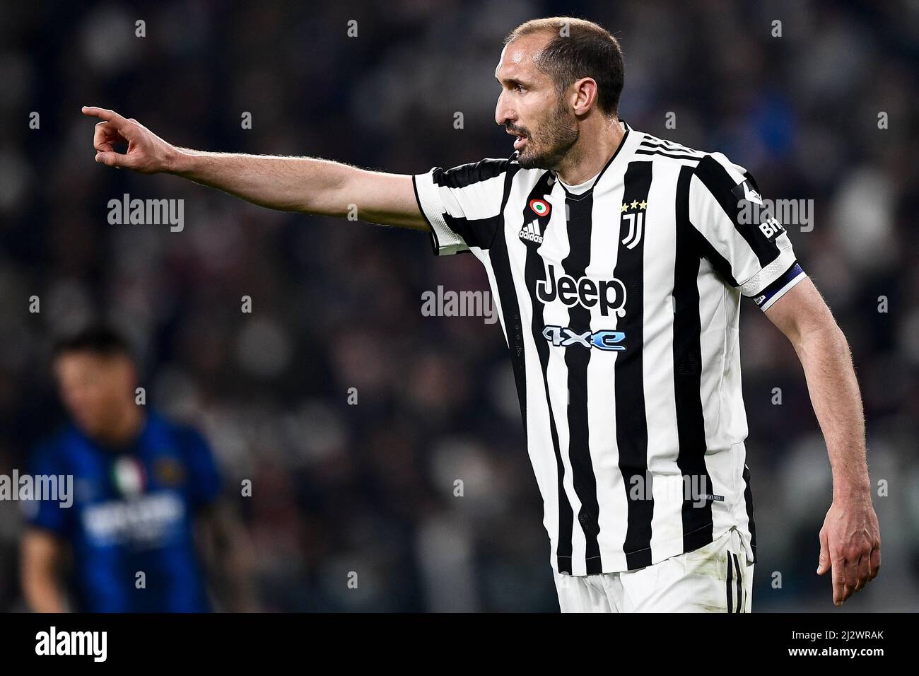 Turin, Italien. 03. April 2022. Giorgio Chiellini von Juventus FC wird beim Fußballspiel der Serie A zwischen Juventus FC und FC Internazionale geestert. Kredit: Nicolò Campo/Alamy Live Nachrichten Stockfoto