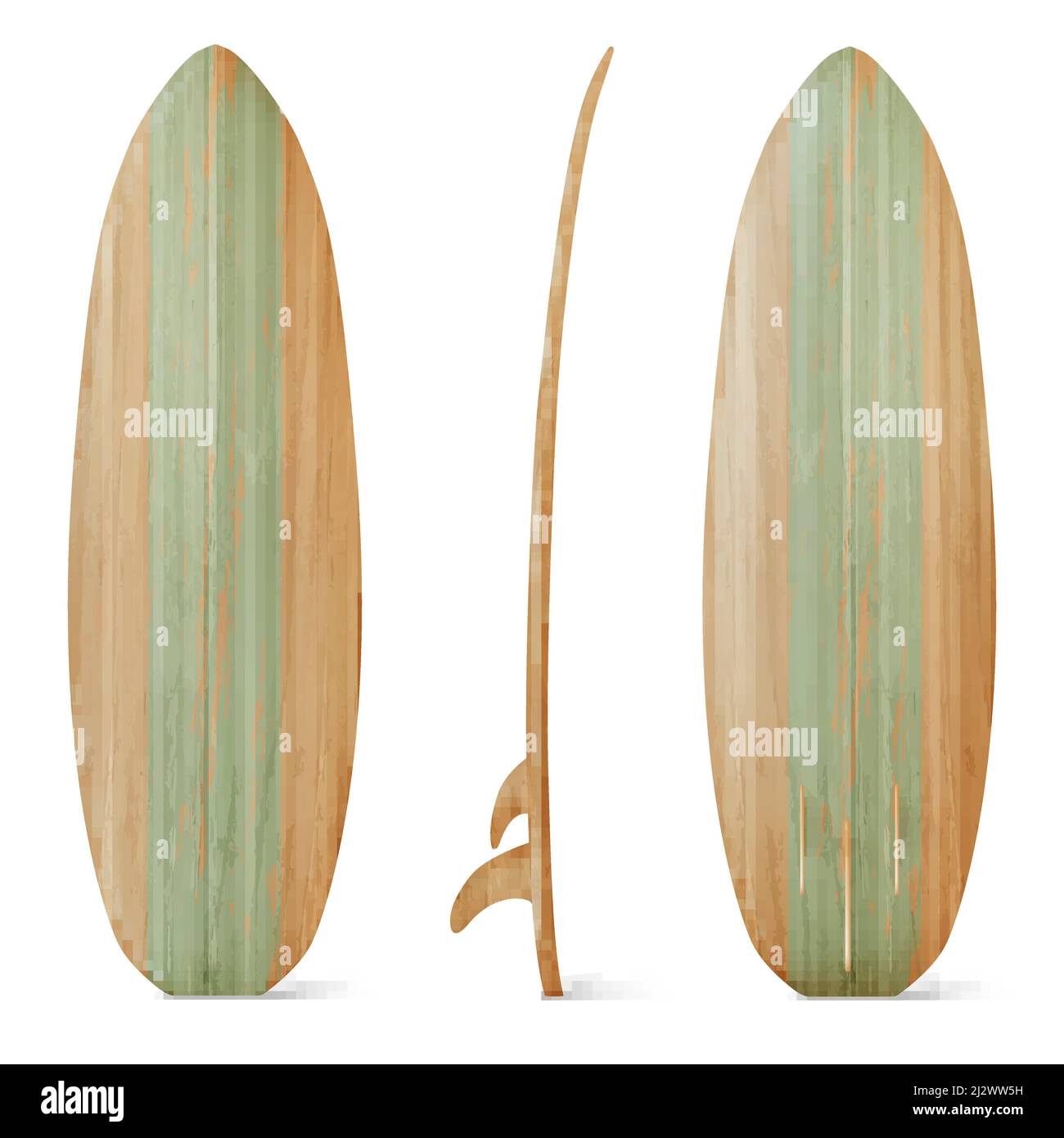 Surfbrett aus Holz, Vorder-, Seiten- und Rückansicht. Vector realistische Mockup von Holzbrett für Sommer Strand Aktivität, Surfen auf Meereswellen. Freizeitsport-Ausstattung Stock Vektor