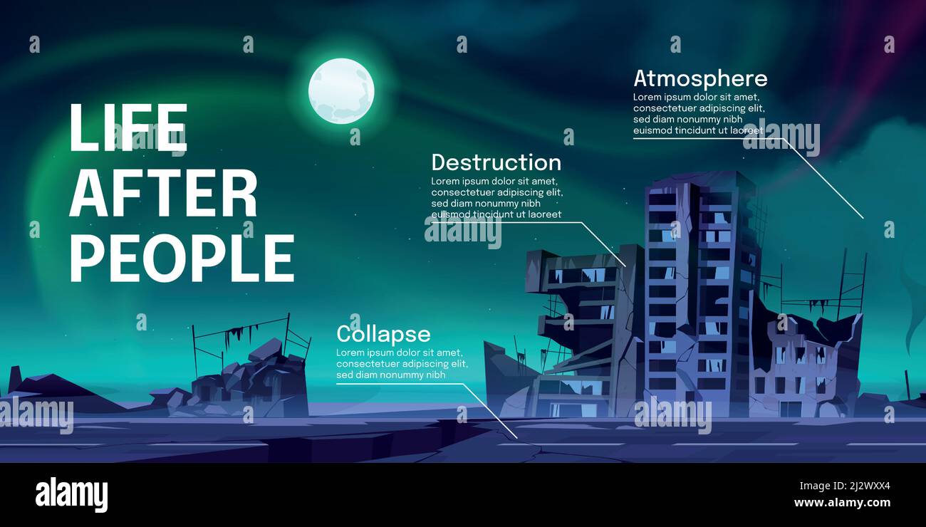 Leben nach Menschen Infografiken mit verlassenen Stadtgebäuden bei Nacht. Zerstörung, Kriegseinbruch oder Naturkatastrophen und Kataklysmus Folgen, Stock Vektor