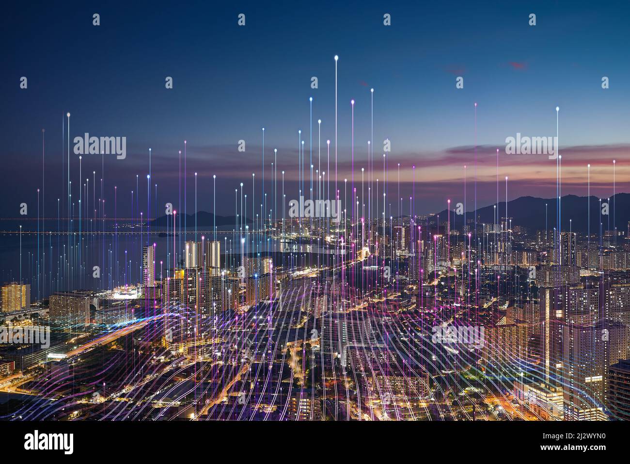 Smart City und abstrakter Punktpunkt verbinden sich mit Gradientenlinie, Big-Data-Verbindungstechnik Konzept. Stockfoto