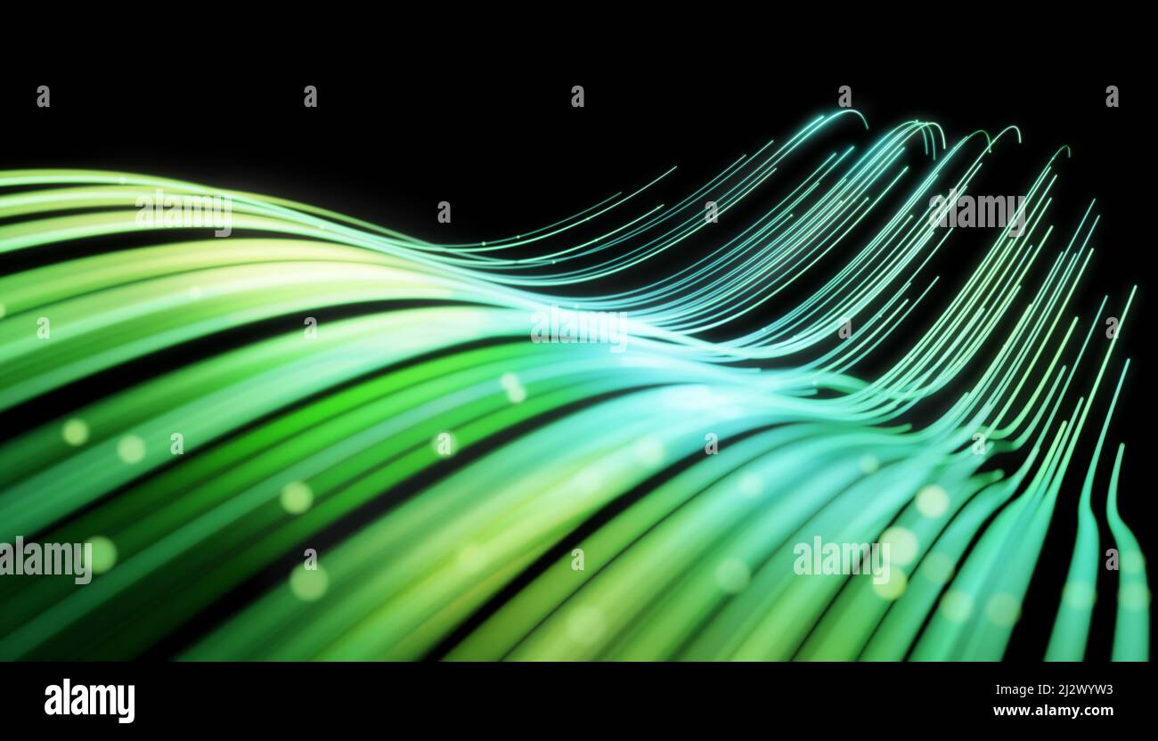 Wellenlinien laufen dynamisch in grünen Farben ab, isoliert auf schwarzem Hintergrund. KI-Technologie, Wissenschaft, Digital- und Kommunikationskonzept. 3D Renderin Stockfoto