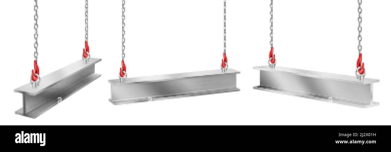 Stahlträger hängen an Ketten mit Haken, gerade Metall Industrie-Träger Stücke für Bau-und Bauarbeiten Kran Heben Eisenbalken zu isolieren Stock Vektor