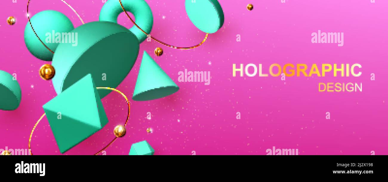 Holografische abstrakte Design-Banner mit geometrischen 3d-Formen Hemisphäre, Oktaeder, Kugel oder Torus, Kegel, Zylinder und Pyramide mit Ikosaeder auf pi Stock Vektor