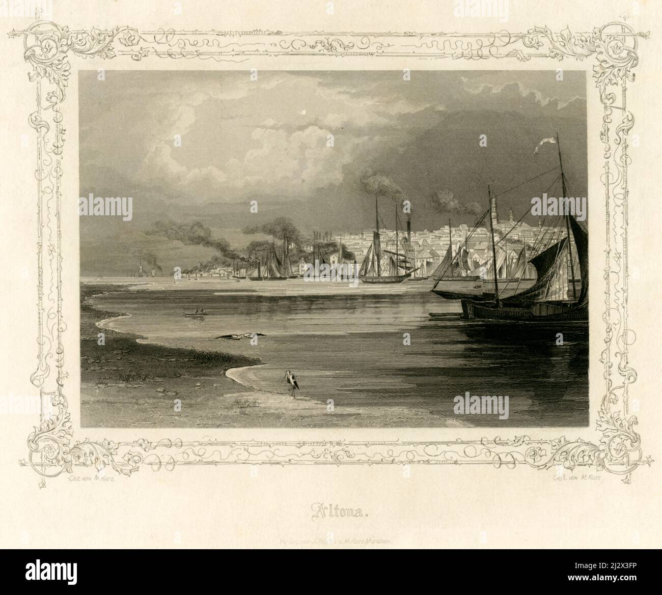 Europa, Deutschland, Hamburg, Blick auf Altona, im Vordergrund die Elbe mit unterschiedlichen Schiffen , gekennzeichnet und gestochen von M. kurz, Verlag J. Poppel und M. kurz , München, um 1850 . / Europa, Deutschland, Hamburg, Blick nach Altona, im Vordergrund die Elbe mit verschiedenen Schiffen, gezeichnet und graviert von M. kurz, Verlag J. Poppel und M. kurz, München, um 1850. Stockfoto