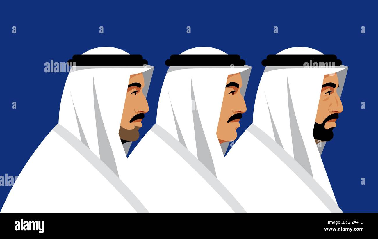 Drei arabische Männer. Porträts von Menschen unterschiedlichen Alters: Jung, erfahren, älter. Menschen in orientalischer Nationalkleidung. Seitenansicht. Arabische Welt, Mitte Stock Vektor