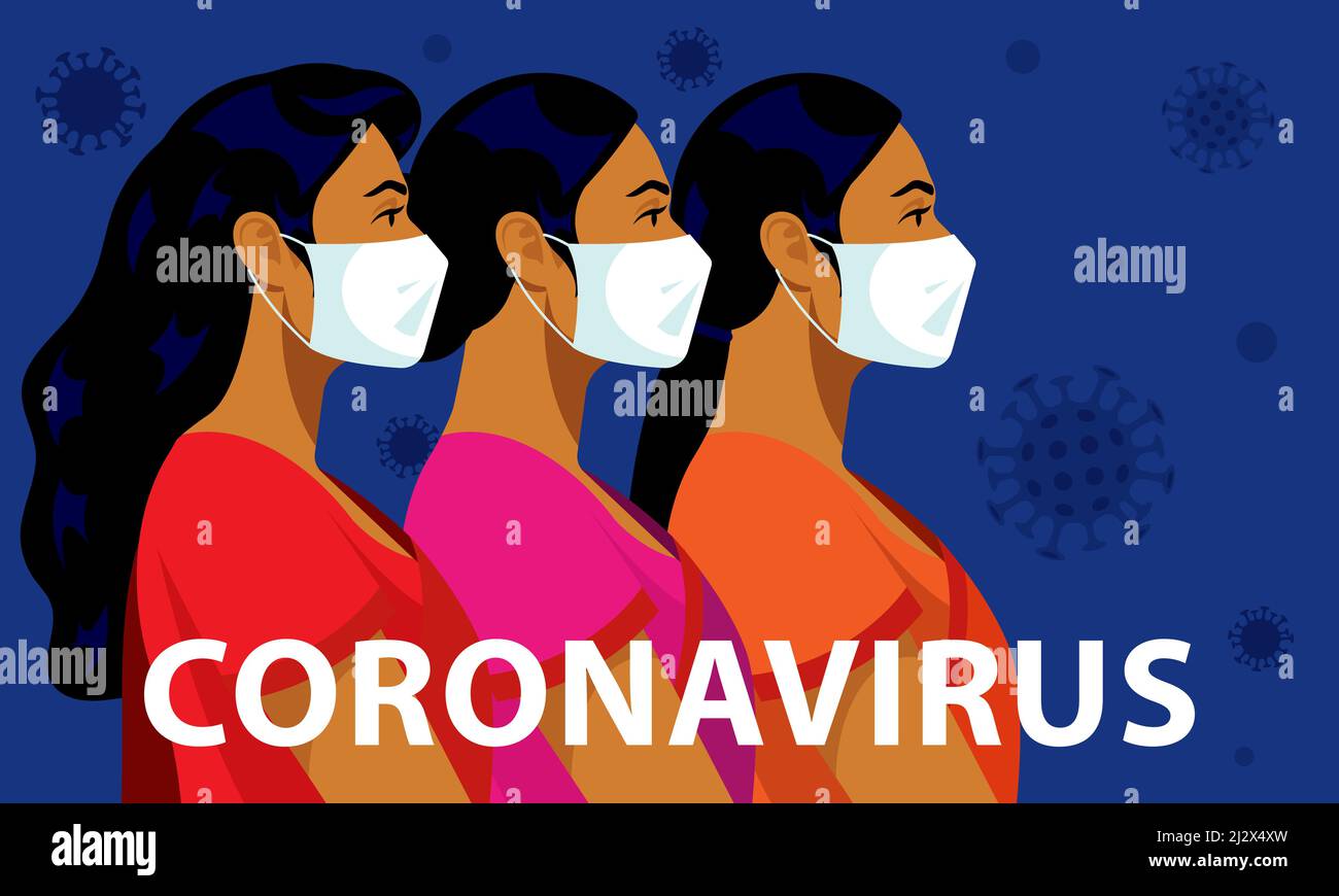 Coronavirus in Indien. Indische Frauen in weißen medizinischen Masken. Weibliche Porträts umgeben Viren in der Luft. Konzept von Coronavirus, Quarantäne, Sperrung. Stock Vektor