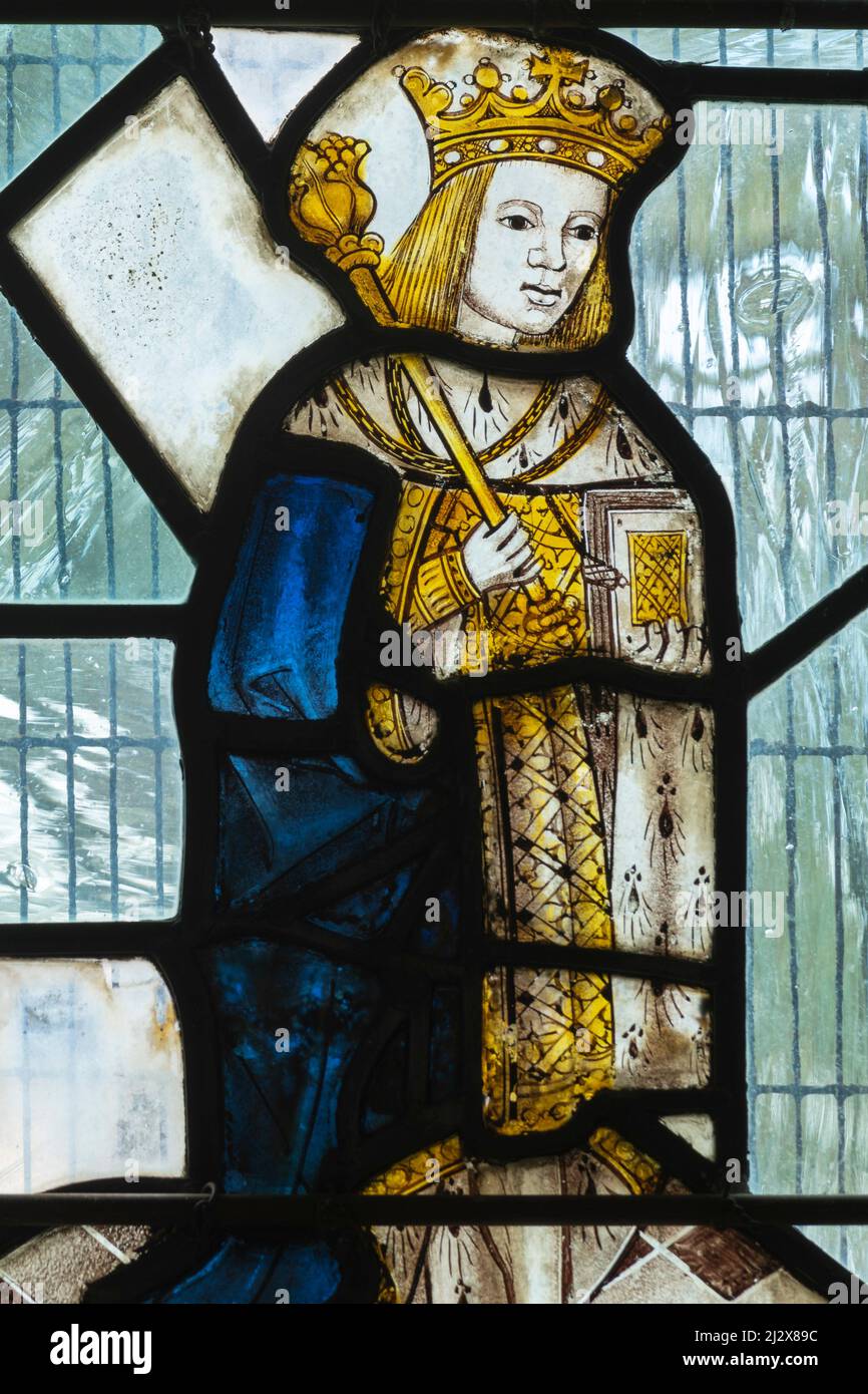 Unglaublich seltenes mittelalterliches Buntglasfenster, das den abgesetzten König Edward V. darstellt, einen der beiden Fürsten im Turm, von Richard II. Ermordet zu glauben Stockfoto